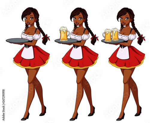 Cartoon vector illustration with sexy brunette waitress wearing red traditional dress.