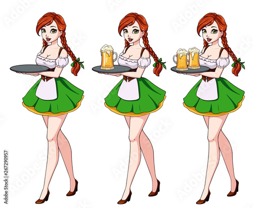 Cartoon vector illustration with sexy waitress with red hair wearing green traditional dress.