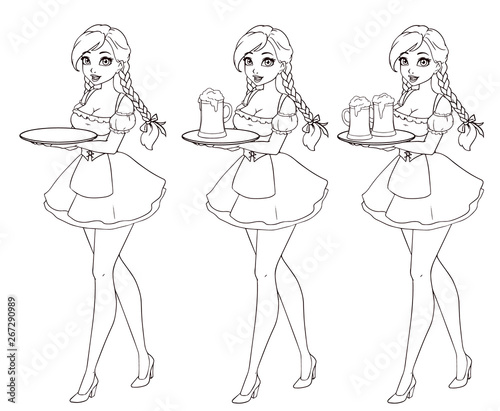 Cartoon sexy waitress holding beer. Hand drawn vector illustration for octoberfest.
