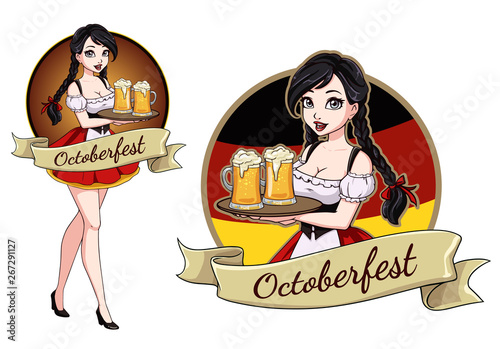 Pretty cartoon girl with beer, Oktoberfest logo design with space for text, invitation.