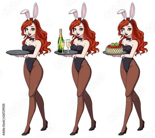 Cartoon sexy pin up bunny girl with champagne and cake.