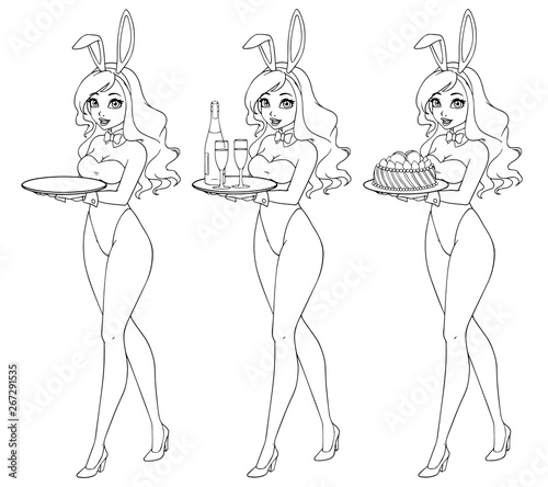 Cartoon sexy pin up bunny girl with champagne and cake.
