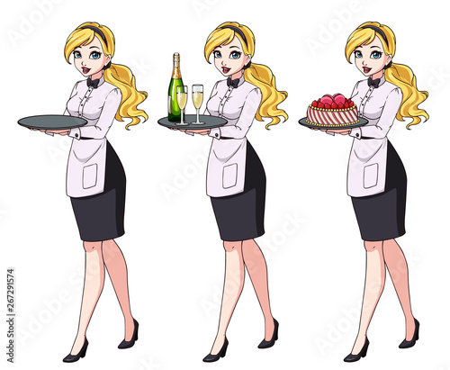 Set of blonde waitresses holding champagne and cake, wearing black uniform.