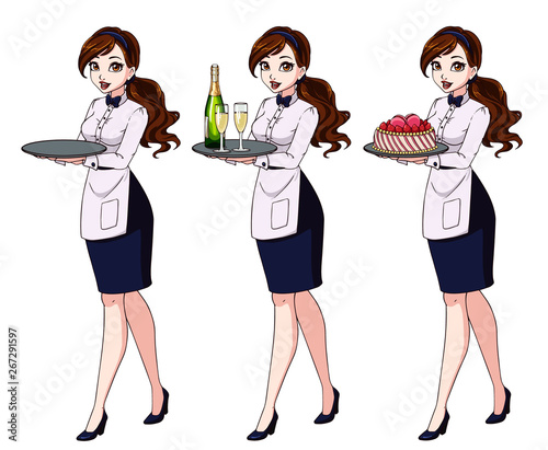 Set of brown haired waitresses holding champagne and cake, wearing blue uniform.