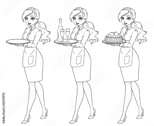 Set of waitresses holding champagne and cake, wearing uniform.