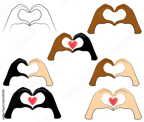 Collection. Human hands are folded in the shape of a heart and a red heart. People of different nationalities. Valentine s Day. Vector illustration set