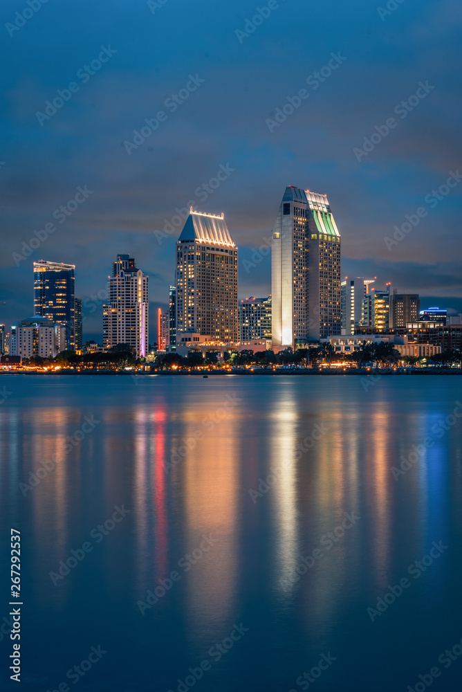 View of the downtown San Diego skyline at night, from Coronado, California
