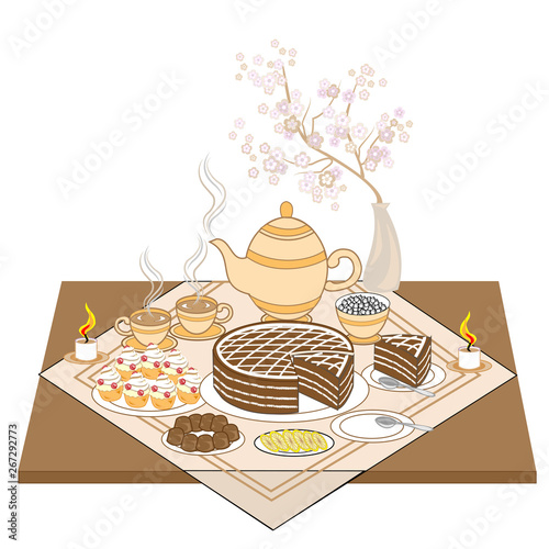 A beautifully decorated festive table by candlelight. Fragrant hot tea with cake, exquisite cookies and chocolate candies. A delicious sweet treat for every taste. Vector illustration