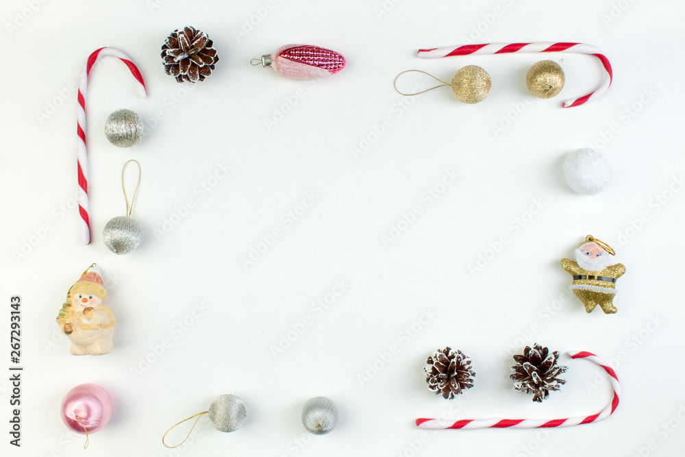 Christmas composition. Gift, christmas decoration, pine cones. Flat lay, top view.