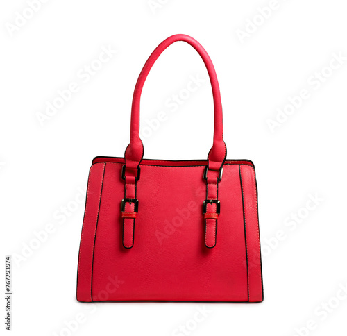Red female leather bag isolated on white background.