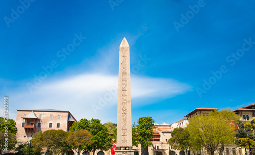 Photography Obelisk of Theodosius (Dikilitas) with hieroglyphs in Sultanahmet Square, Istanbul, Turkey