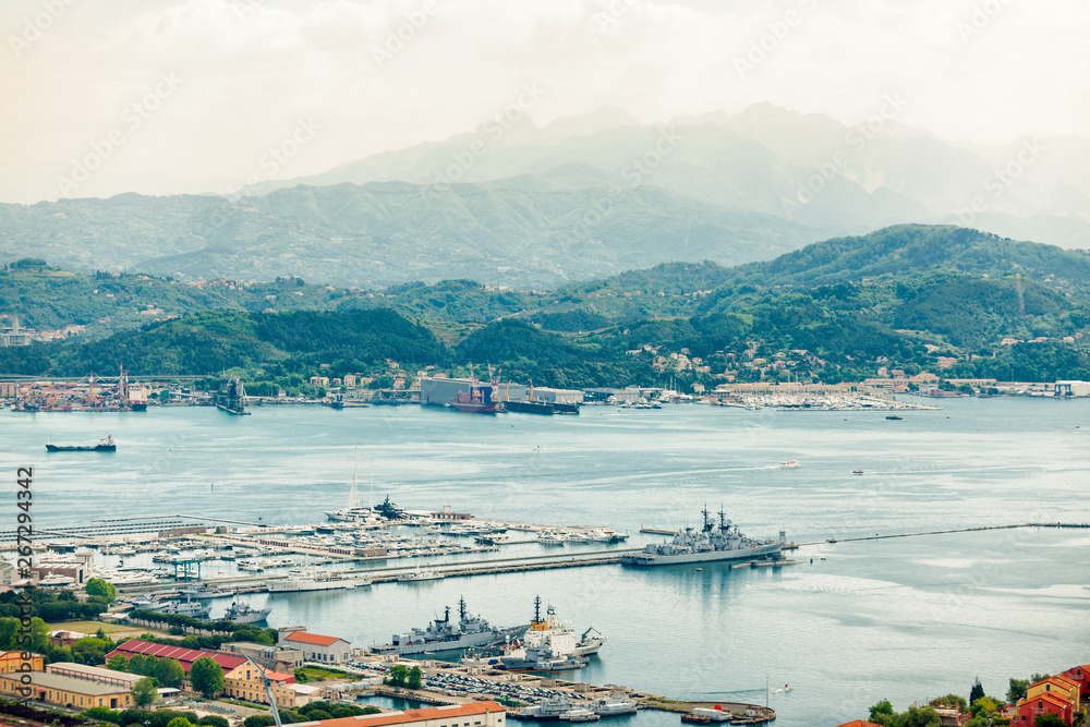 View of the military, commercial dock and ships of La Spezia in Italy