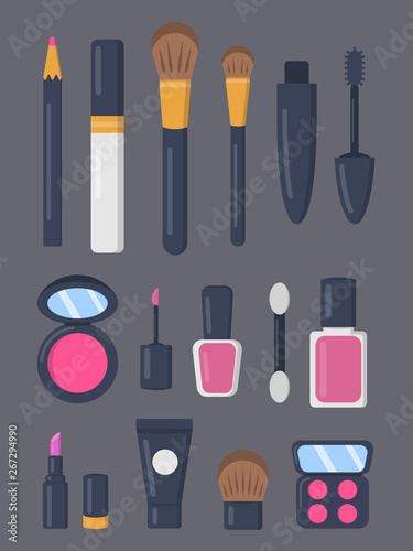 Make up cosmetics set of vector icons in cartoon style. Lipstick and pomade fashion makeup collection. Beauty salon and woman cosmetic magazine illustrations.