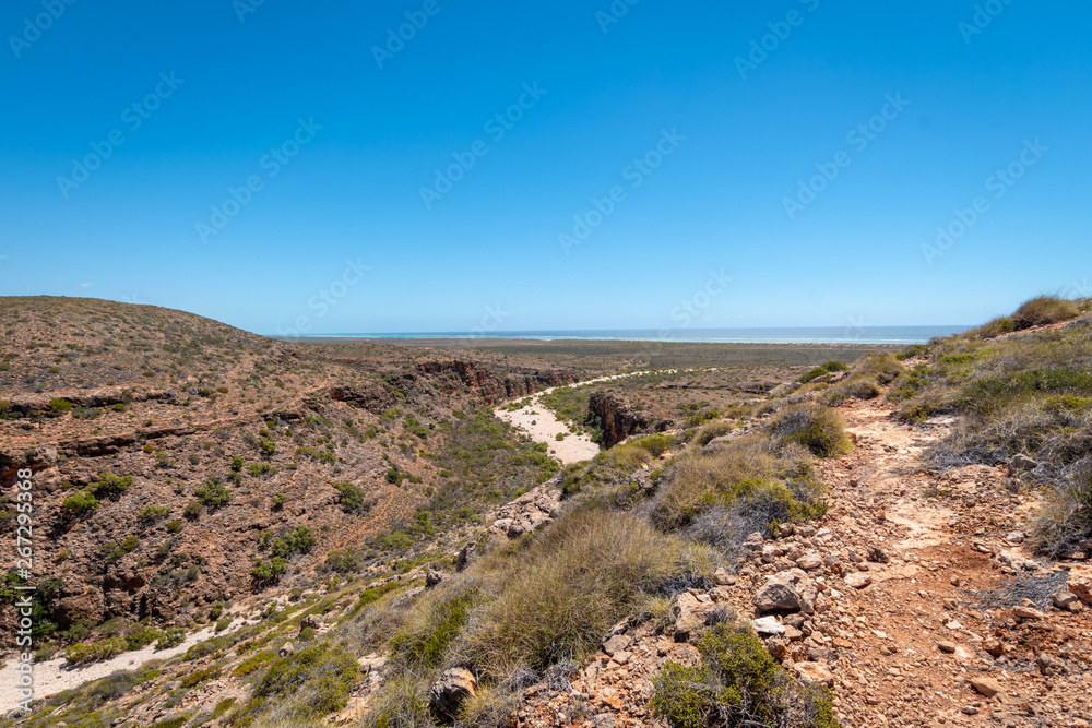 View from the Mandu Mandu Gorge at the Cape Range National Park towards the Indian Ocean in Australia