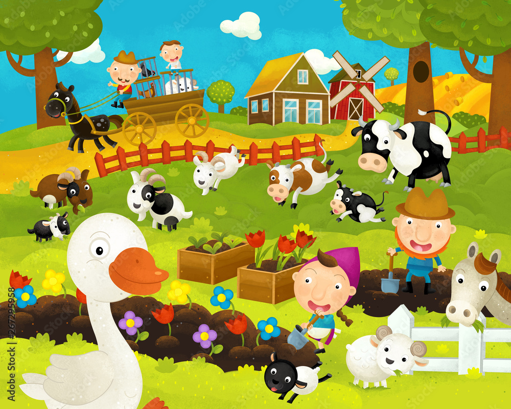 cartoon happy and funny farm scene with happy goose - illustration for children cartoon happy and funny farm scene with happy goose - illustration for children