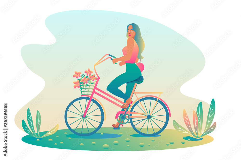 Obraz premium Glamor athletic girl with long hair rides a bicycle with flowers on a sunny summer day. Walk on the bike of a beautiful woman in nature. Template, flat design, colorful gradients, vector illustration.