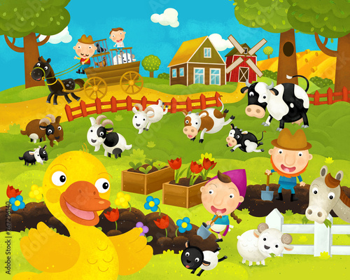 cartoon happy and funny farm scene with happy duck - illustration for children © agaes8080