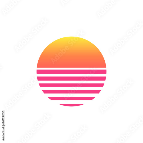 80s sunset retro neon background. 90s poster electro sun space vintage grid sunset icon