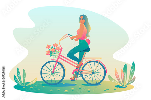 Glamor athletic girl with long hair rides a bicycle with flowers on a sunny summer day. Walk on the bike of a beautiful woman in nature. Template  flat design  colorful gradients  vector illustration.