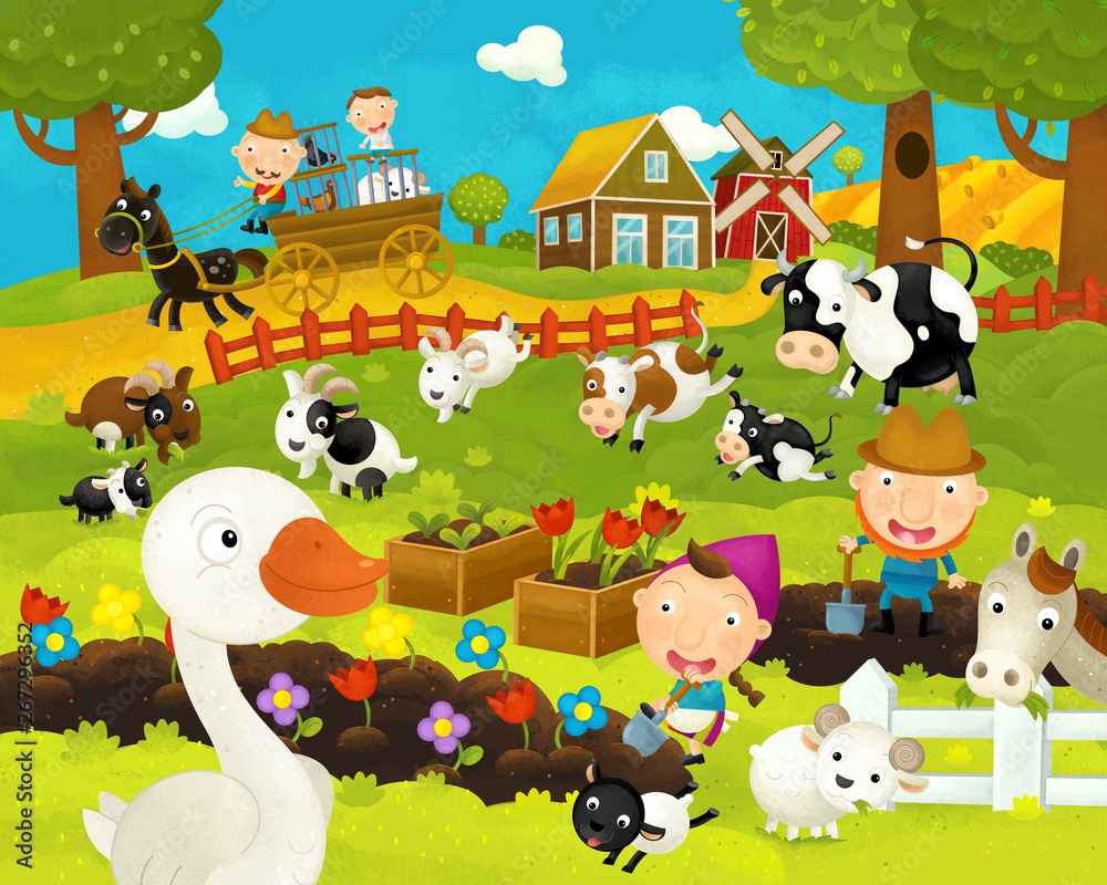 cartoon happy and funny farm scene with happy goose - illustration for children