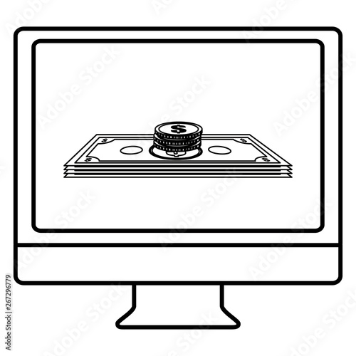 desktop computer with coins and bills money