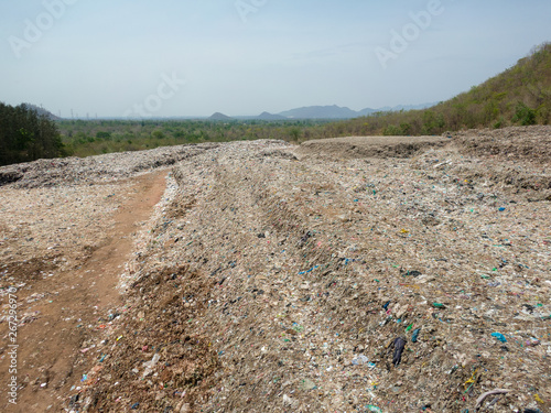 city dump, A ton of garbage heap on the landfill, aerial view.