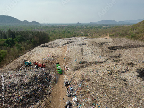 city dump, A ton of garbage heap on the landfill, aerial view.