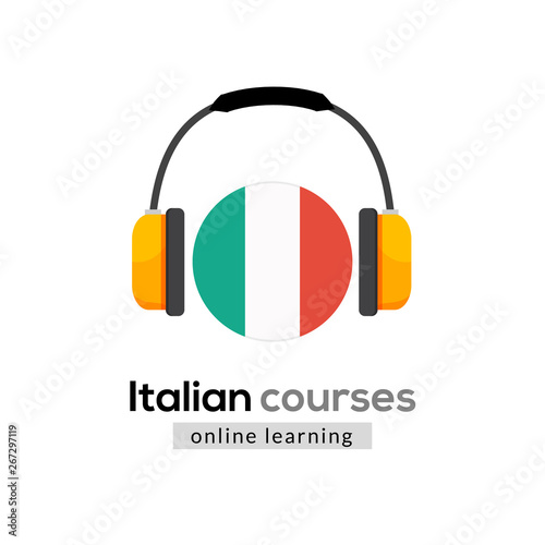 Italian language learning logo icon with headphones. Creative italian class fluent concept speak test and grammar