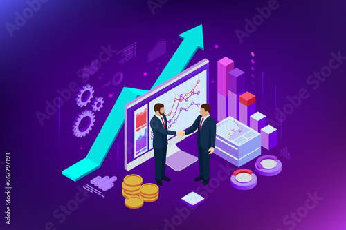 Isometric Successful business collaboration. Businessmen shaking hands. B2B. Data and key performance indicators for business intelligence analytics