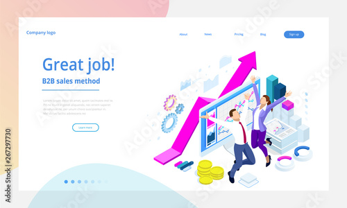 Isometric B2B sales method. Partners shaking hands. Successful entrepreneurs. Data and key performance indicators for business intelligence analytics