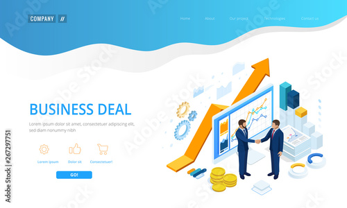 Isometric B2B sales method. Partners shaking hands. Successful entrepreneurs. Data and key performance indicators for business intelligence analytics