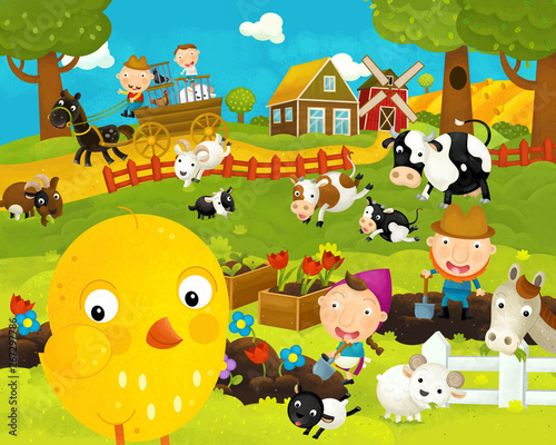 cartoon happy and funny farm scene with happy chicken hen - illustration for children © agaes8080