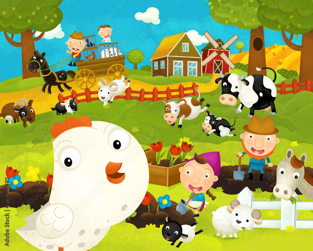 cartoon happy and funny farm scene with happy chicken hen - illustration for children cartoon happy and funny farm scene with happy chicken hen - illustration for children