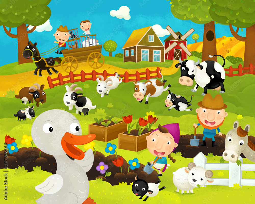 cartoon happy and funny farm scene with happy goose - illustration for children cartoon happy and funny farm scene with happy goose - illustration for children