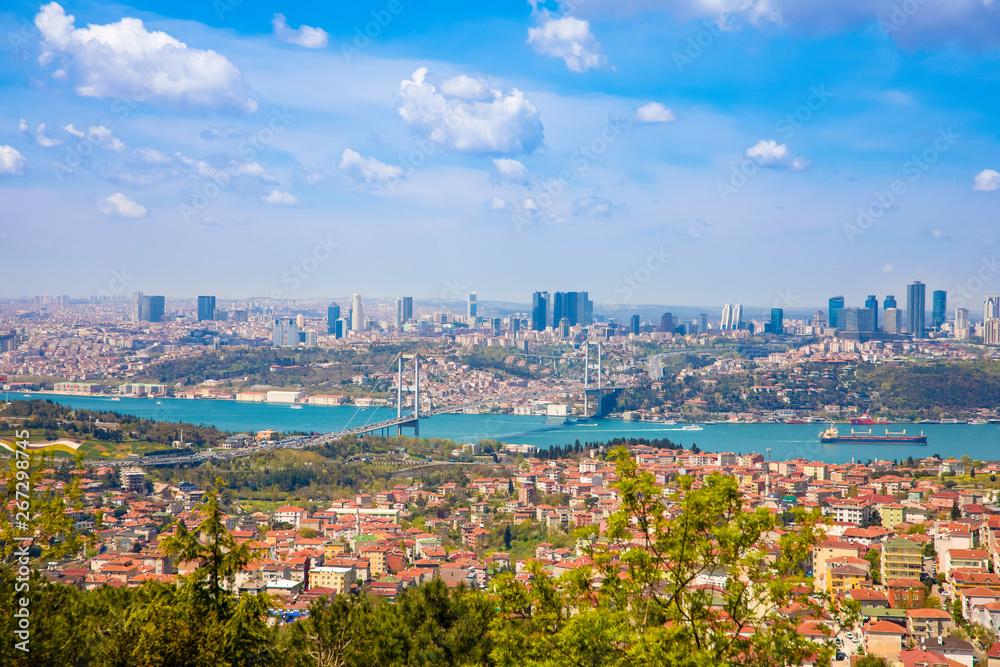 Panoramic View of the Istanbul City of Turkey and clouds with Bosphorus Bridge at Marmara Sea	