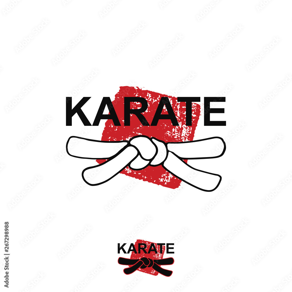 Karate vector stylized font with black belt knot of japanese budo