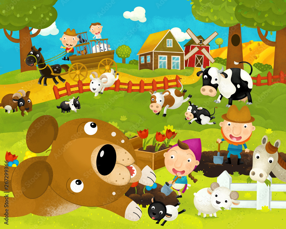 cartoon happy and funny farm scene with happy and funny dog - illustration for children cartoon happy and funny farm scene with happy and funny dog - illustration for children