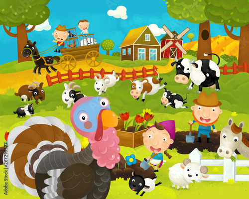 cartoon happy and funny farm scene with happy turkey - illustration for children