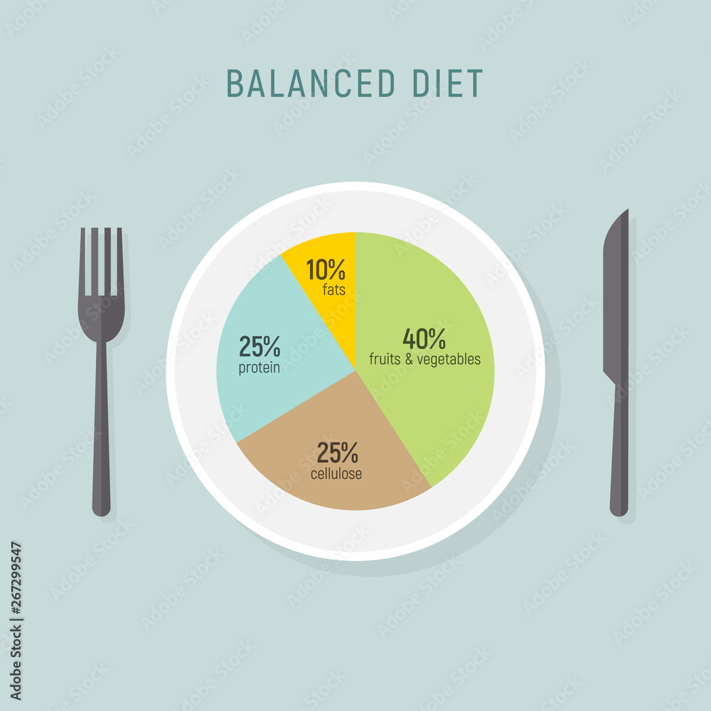 Healthy diet food, balance nutrition plate. Vector health meal chart infographic, diet plan concept - obrazy, fototapety, plakaty 