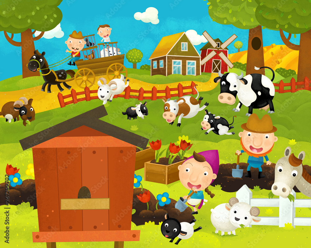 cartoon happy and funny farm scene with funny hive - illustration for children cartoon happy and funny farm scene with funny hive - illustration for children