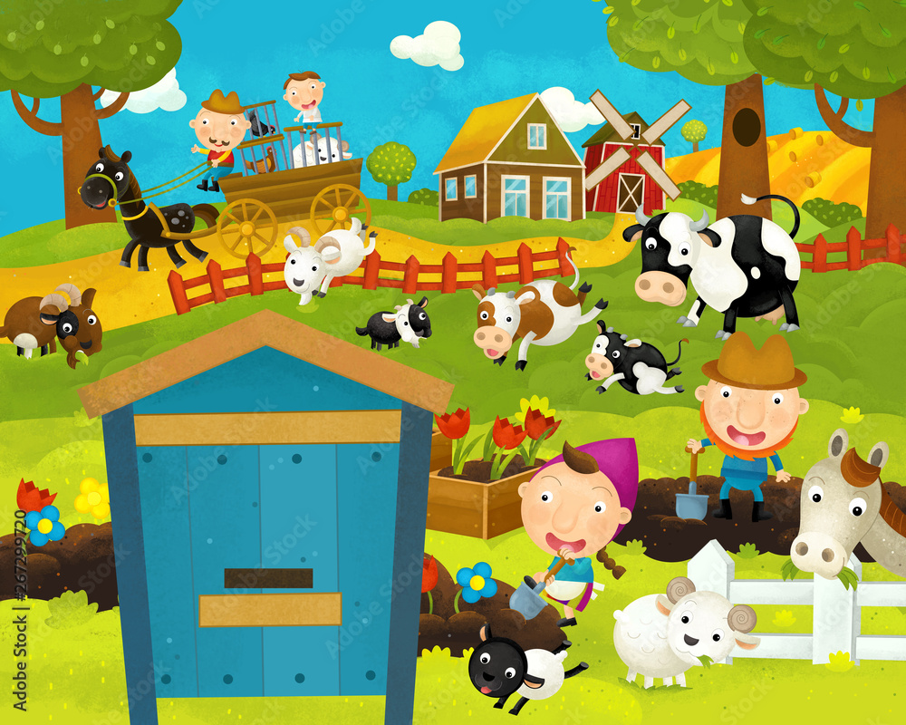cartoon happy and funny farm scene with funny hive - illustration for children cartoon happy and funny farm scene with funny hive - illustration for children