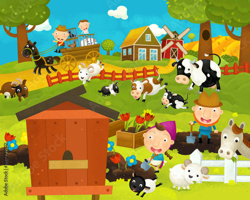 Fototapeta Naklejka Na Ścianę i Meble -  cartoon happy and funny farm scene with funny hive - illustration for children