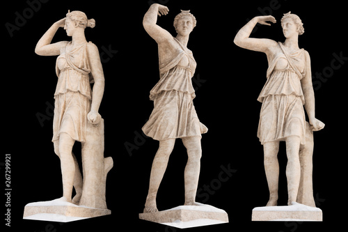 Sculpture of the ancient Greek god Artemis isolate. Vintage carving set with Ancient greece mythology.