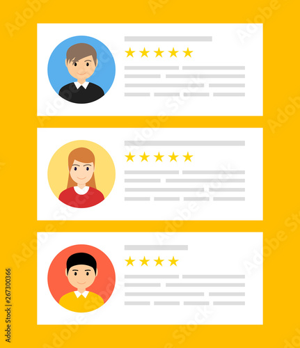 User reviews online. Customer feedback review experience rating concept. User client service message