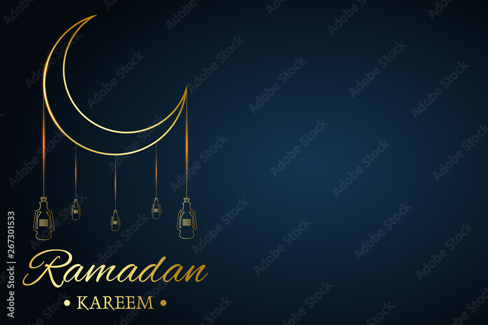 Golden Islamic moon and hanging lamps, ramadan kareem written with black background, vector Golden Islamic moon and hanging lamps, ramadan kareem written with black background, vector