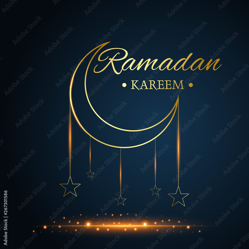 Golden Islamic moon and stars, ramadan kareem written with black background,  vector Stock Vector | Adobe Stock
