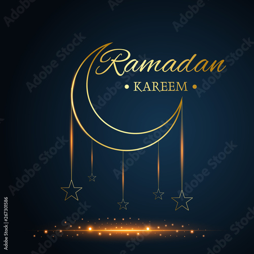 Golden Islamic moon and stars, ramadan kareem written with black background, vector