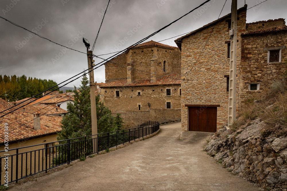 typical architecture in Villarroya de los Pinares, province of Teruel, Aragon, Spain
