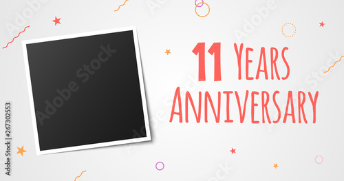 11 years anniversary photo frame card. 11th year anniversary vector elegant template design