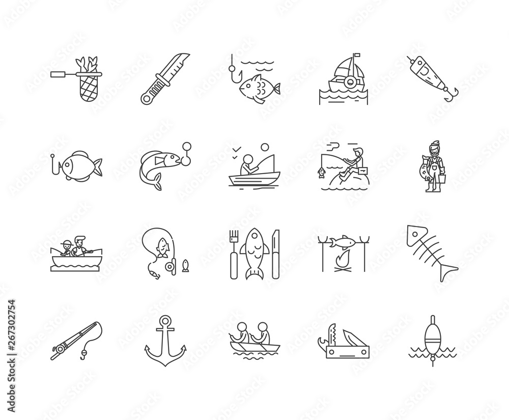Fishing tackle line icons, linear signs, vector set, outline concept  illustration Stock Vector